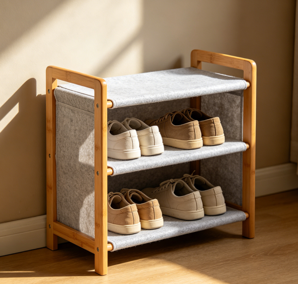 Two-Tier Narrow Shoe Rack with Bamboo Frame and Non-Woven Fabric