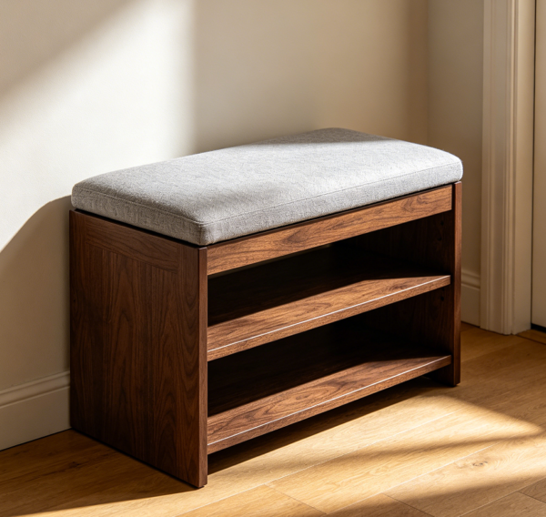 Low Profile Shoe Bench with Cushioned Top and Two Tiers