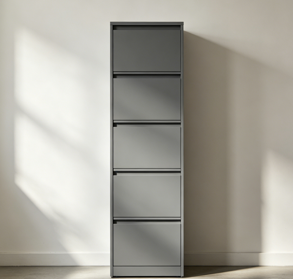 Tall Narrow Shoe Cabinet with Five Flip Drawers in Gray