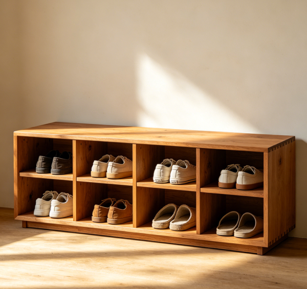 Wide Six-Compartment Open Shoe Shelf in Natural Wood